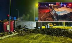 Şeker pancarı yüklü tır ile otomobil çarpıştı: Tır devrildi!