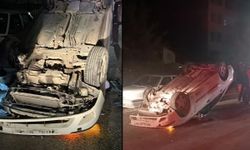Park halindeki araçlara çarptı, takla attı! 1 yaralı