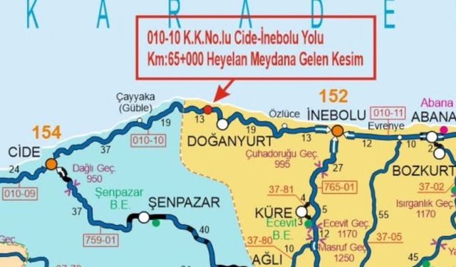 Heyelan nedeniyle Cide-İnebolu yolu ulaşıma kapatıldı