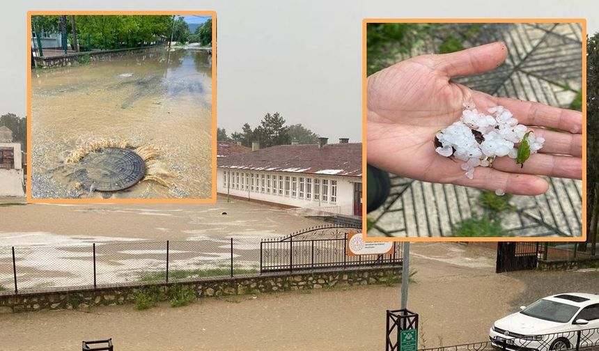 Daday'da aniden bastırdı: Dolu yağdı, rögarlar taştı
