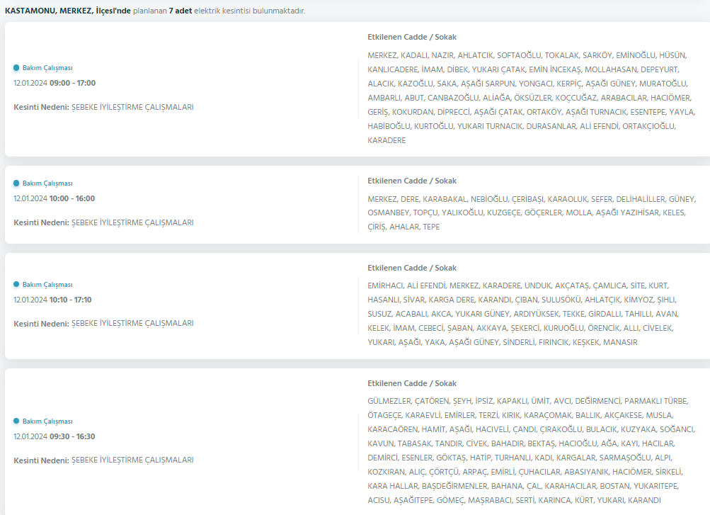 Kastamonu Elektrik Kesintisi 12 Ocak 2024 Cuma