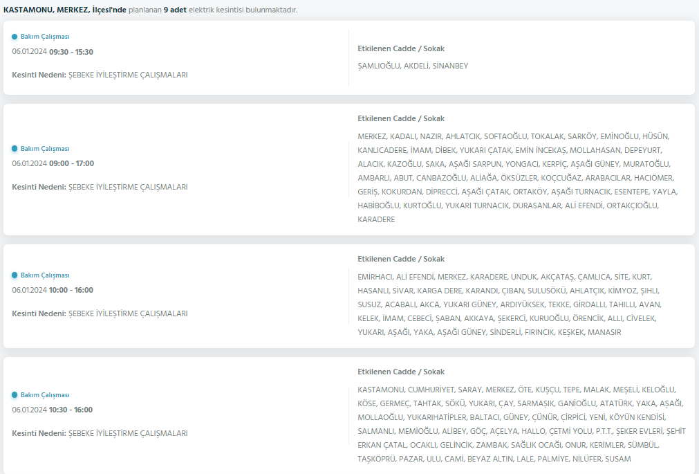 Kastamonu Elektrik Kesintisi Listesi