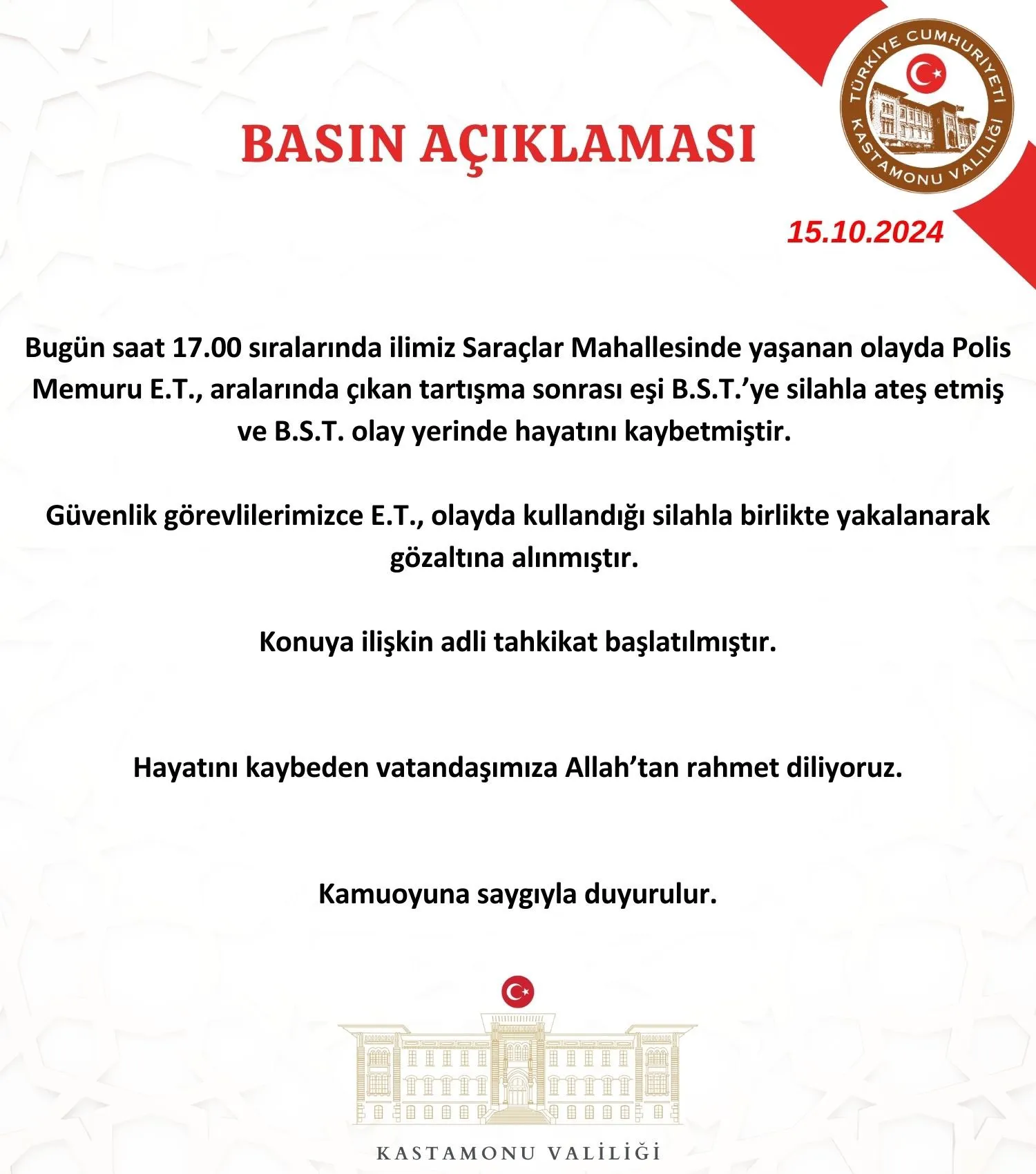 Kastamonu Valiliği'nden Cinayet Ile Ilgili Açıklama..