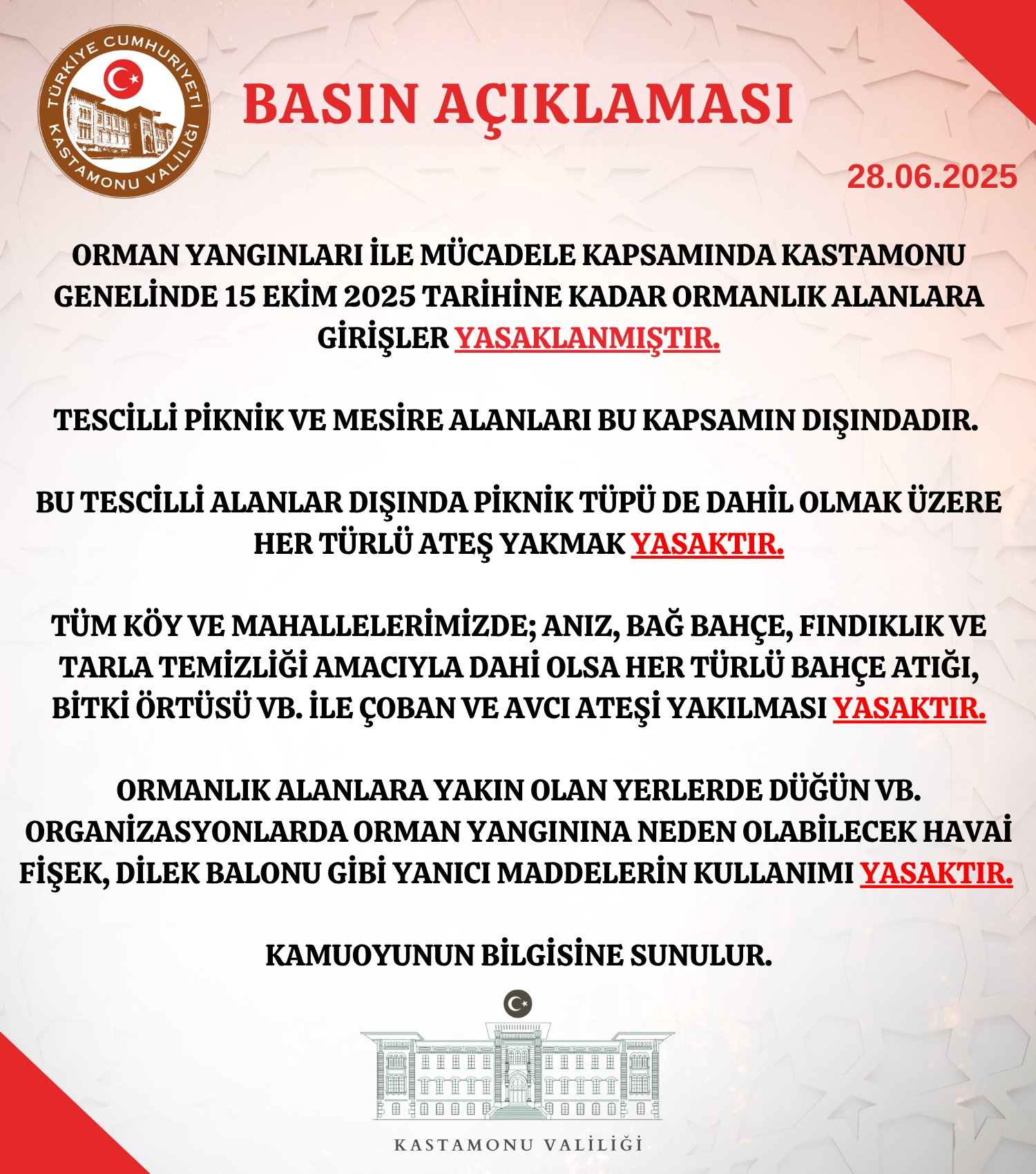 Kastamonu Valiliği'nden Kritik Uyarı 15 Ekim'e Kadar Yasak! 124