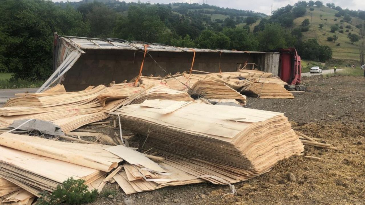 Kereste Yüklü Tir Devrildi Sürücü Ve Oğlu Yaralandı (2)