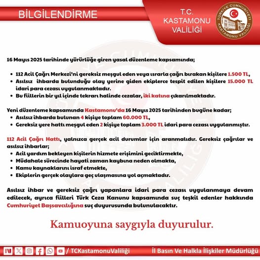 Asılsız 112 İhbarlarına Büyük Ceza Kastamonu Valiliği Resmen Duyurdu (2)