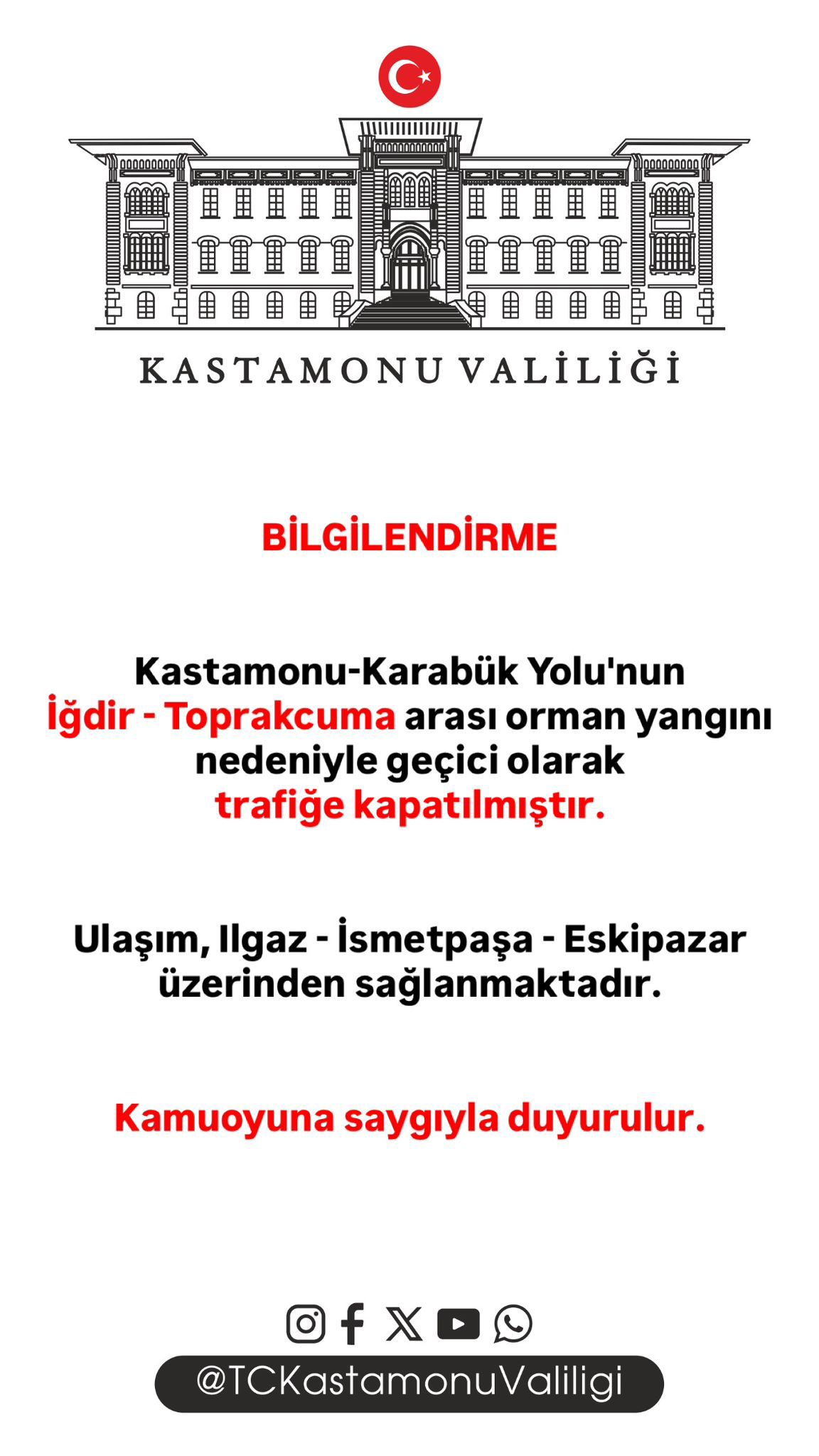 Kastamonu Karabük Kara Yolu Geçici Olarak Kapatıldı