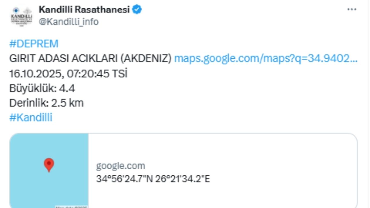 Akdeniz’de 4.4 Büyüklüğünde Deprem Kandilli’den Açıklama
