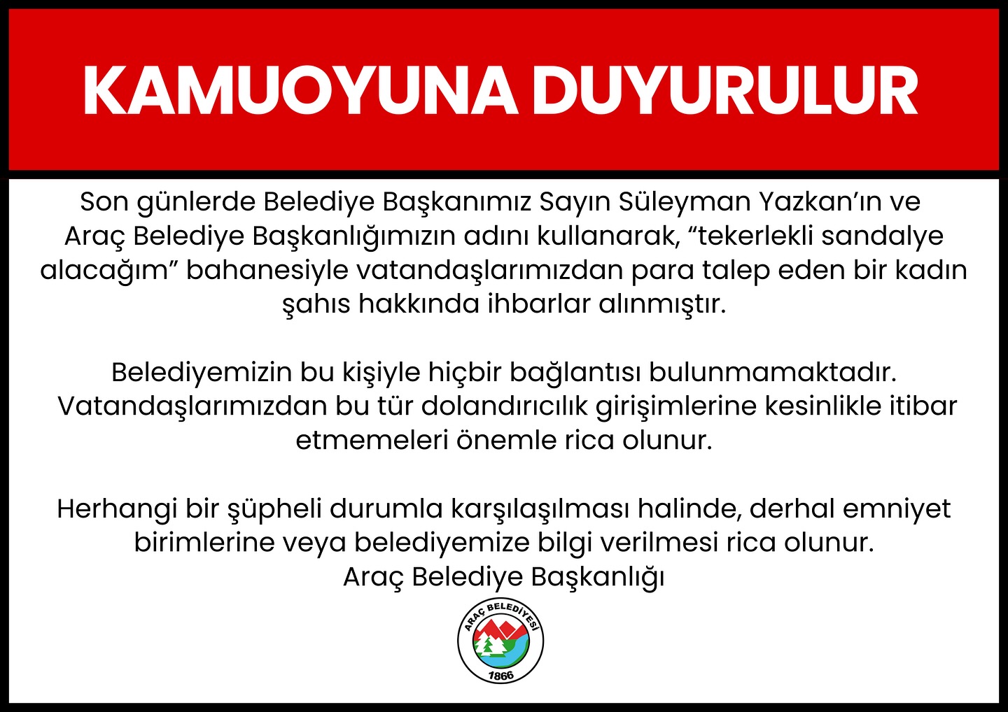 Kastamonu'nun Ilçe Belediyesinden Dolandırıcılık Uyarısı!