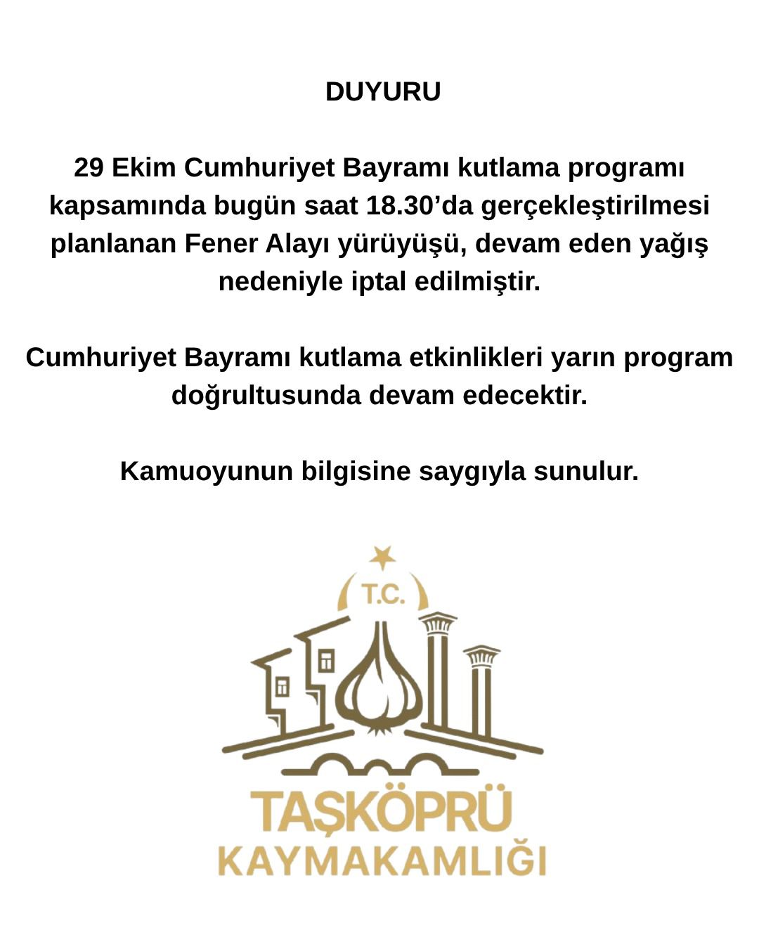 Taşköprü Kaymakamlığı Duyurdu Fener Alayı Iptal Edildi! 22