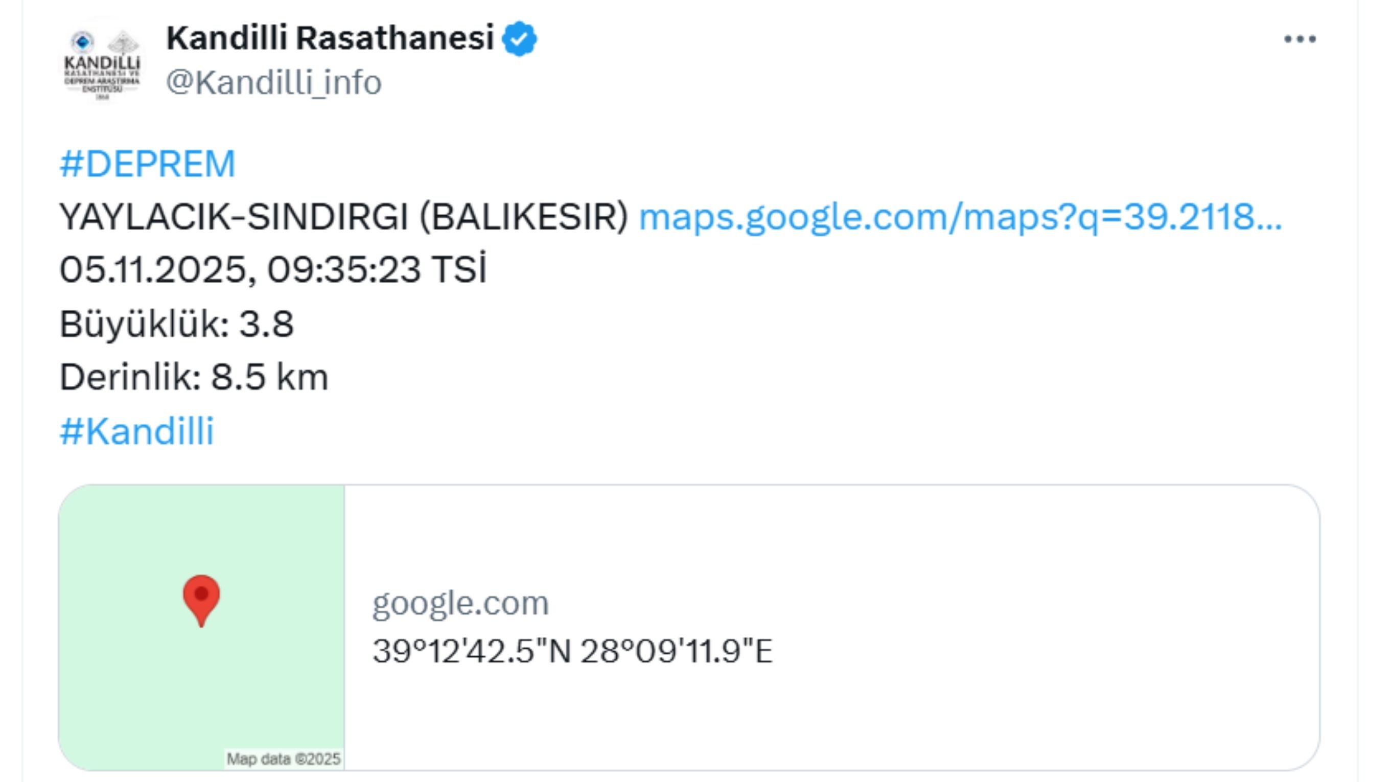 Kandilli Duyurdu 3.8 Büyüklüğünde Depremle Sarsıldı (1)