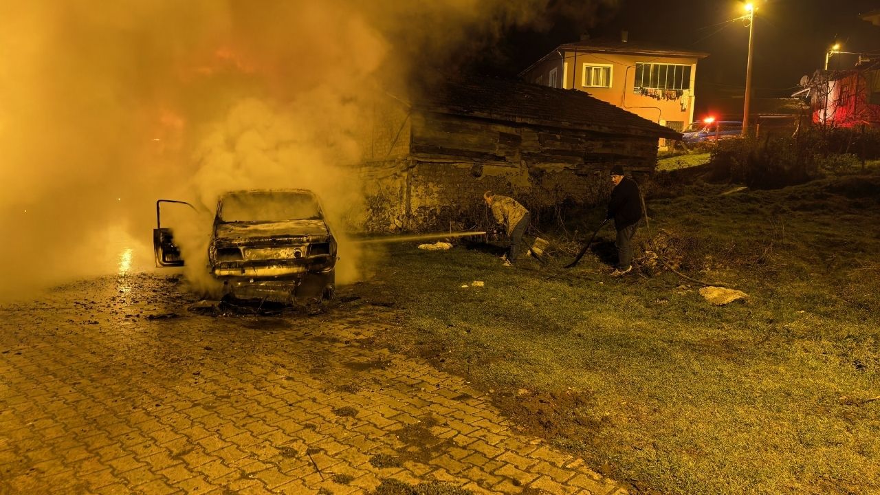 Köy Yolunda Panik Park Halindeki Araç Alev Aldı (2)