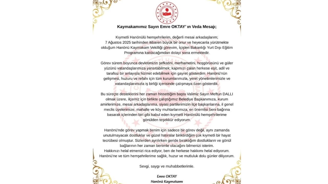 Hanönü’nde Veda Günü Kaymakam Oktay’dan Teşekkür Mesajı
