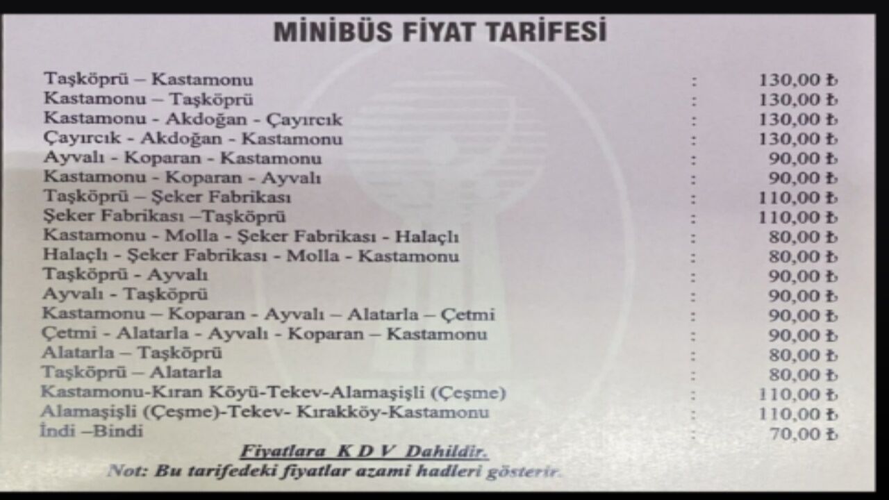 Kastamonu Taşköprü Minibüs Ücretlerine Zam Geldi